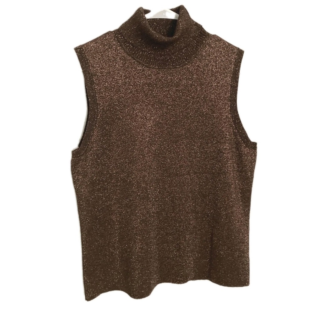 Grace Elements Tank Top Women XL Brn Silk Glitter Metallic Turtleneck Sleeveless